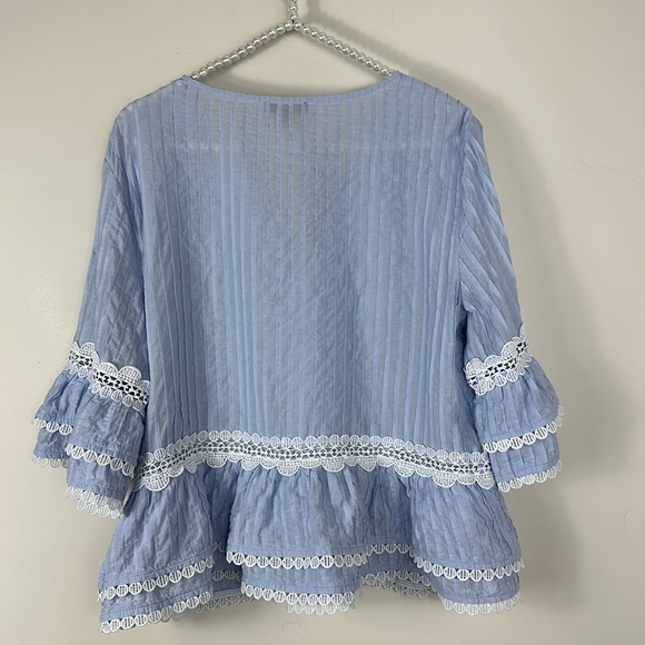 J. Crew Light Blue White Lace Tiered Peplum Silhouette Short Sleeve Top Large - Picture 8 of 10